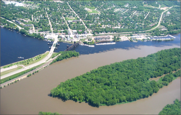 Excess suspended sediment in the Mississippi River at its confluence with the St. Croix. Eighty percent of the sediment here is from the Minnesota River. Turbidity is a serious water quality impairment.